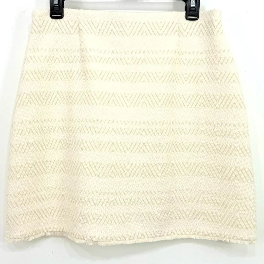 LOFT Cream Zigzag Textured Jacquard Frayed Hem Mini Pencil Skirt